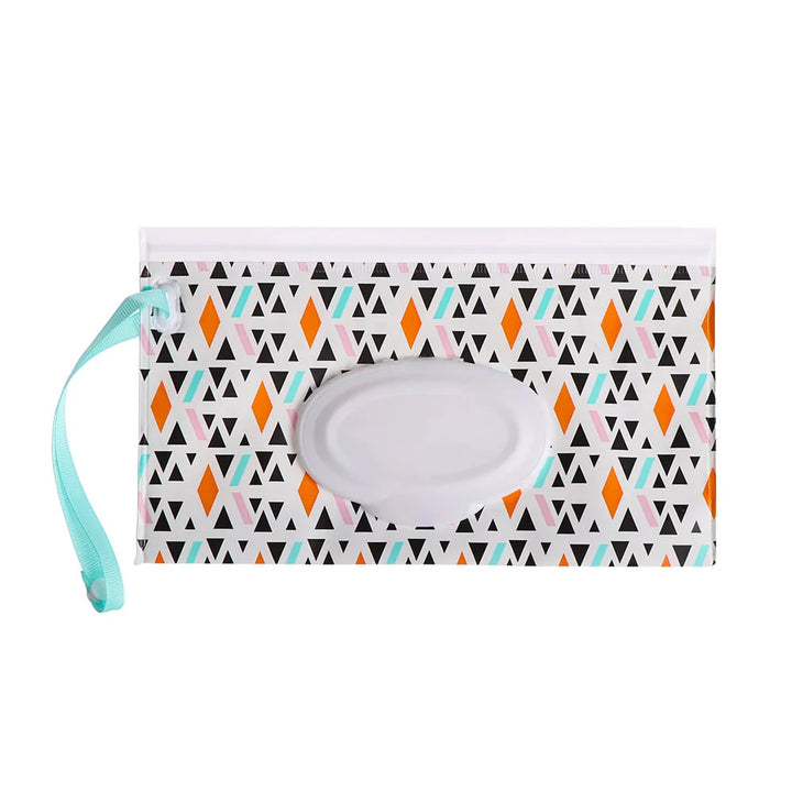 Portable baby travel wet wipe dispenser with easy-open flip top, snap strap