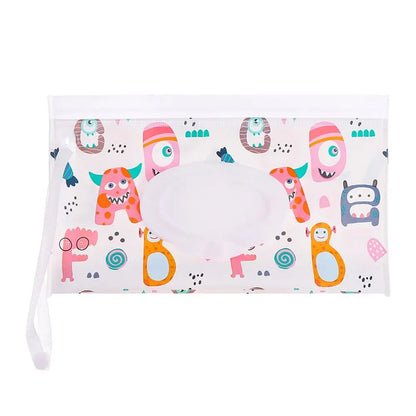 Cute portable baby wipe holder with snap strap, keeps wipes moist & ready