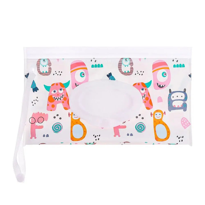 Cute portable baby wipe holder with snap strap, keeps wipes moist & ready