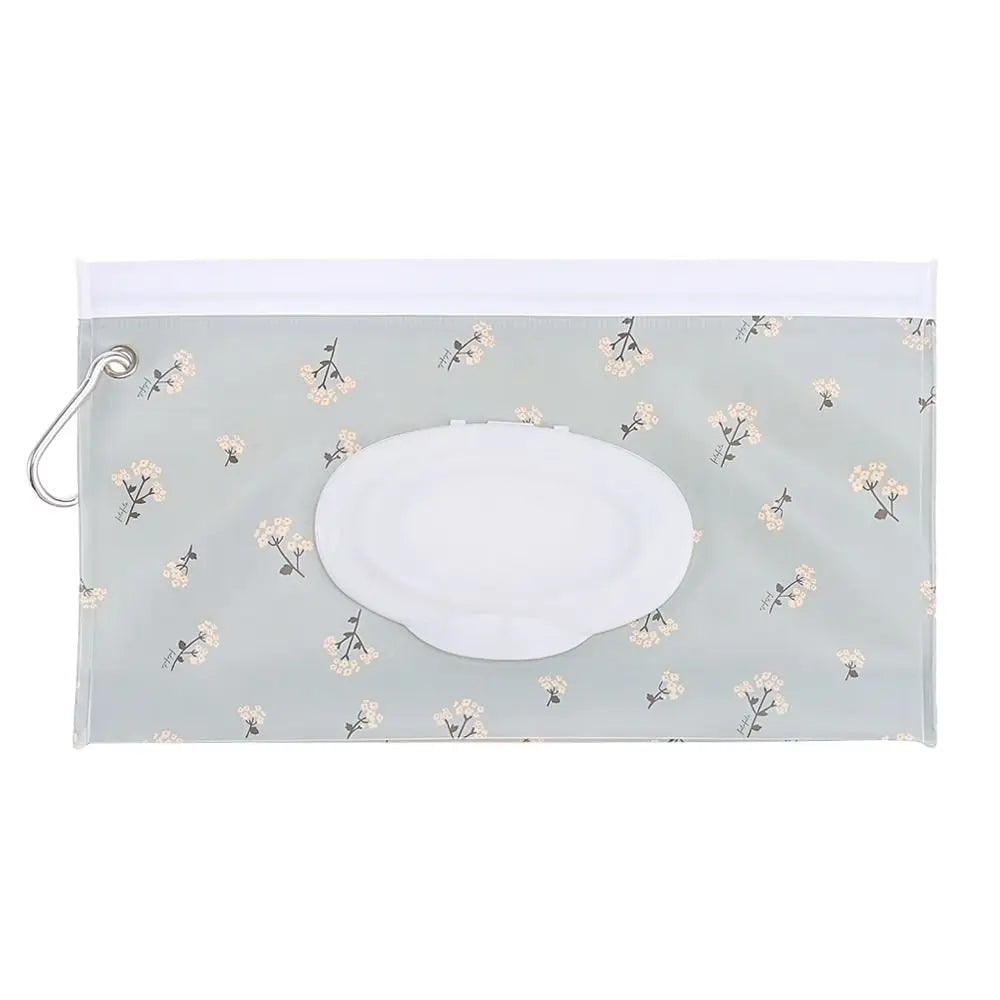 Cute patterns portable baby wet wipe holder, attaches to bags with snap strap