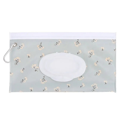 Cute patterns portable baby wet wipe holder, attaches to bags with snap strap