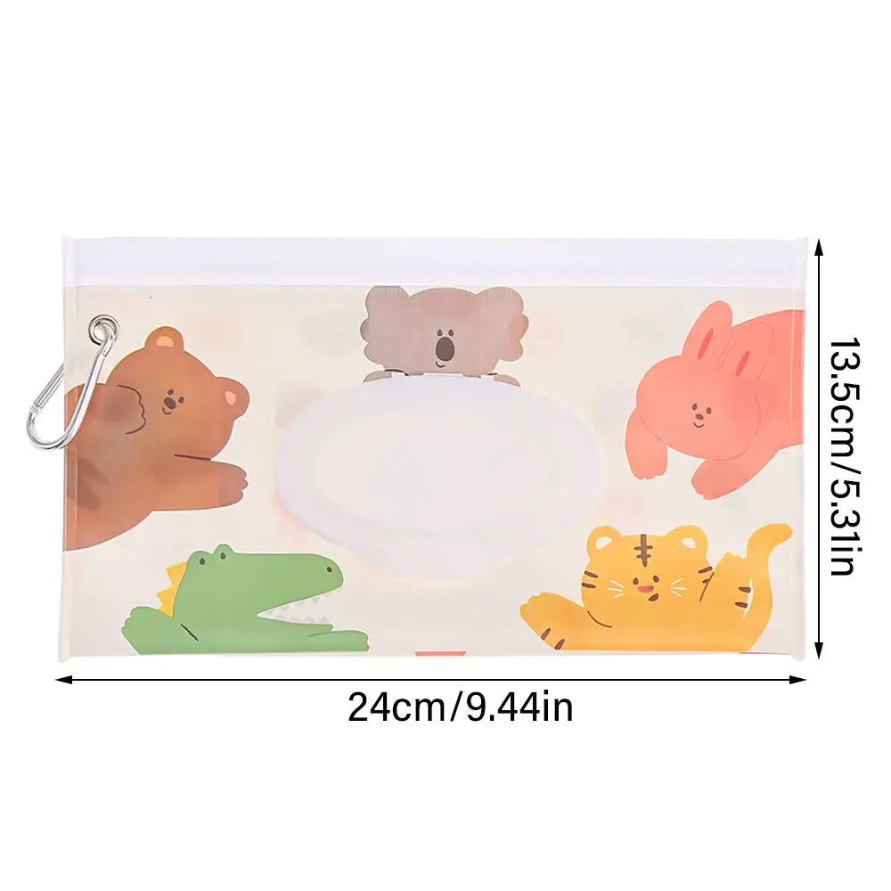 Reusable portable wet wipe dispenser with charming pattern, attaches to strollers