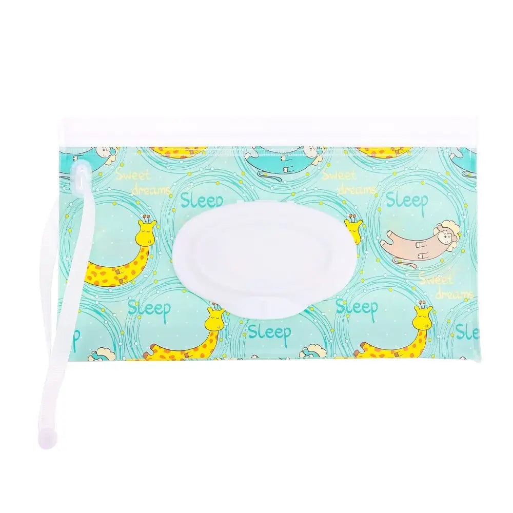 Cute portable baby wipe container with snap strap, keeps wipes moist for travel