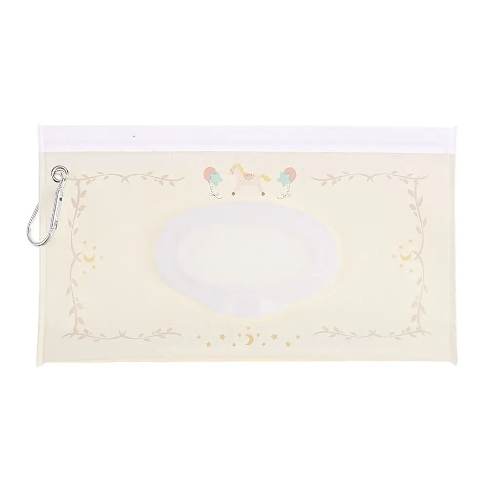 Hands-free portable baby wipe holder, attaches to diaper bag with snap strap