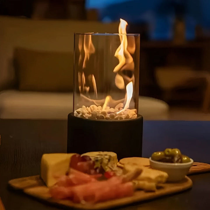 Modern tabletop bioethanol fire, smokeless flame for stylish indoor decor or outdoor living.