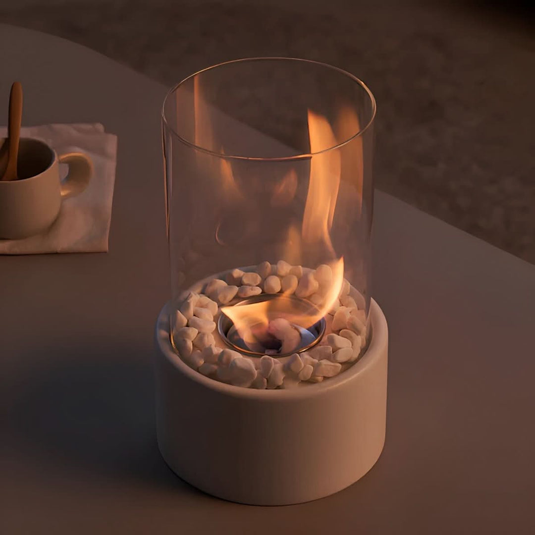 Clean-burning tabletop bioethanol fireplace, smokeless flame for safe indoor & outdoor use.
