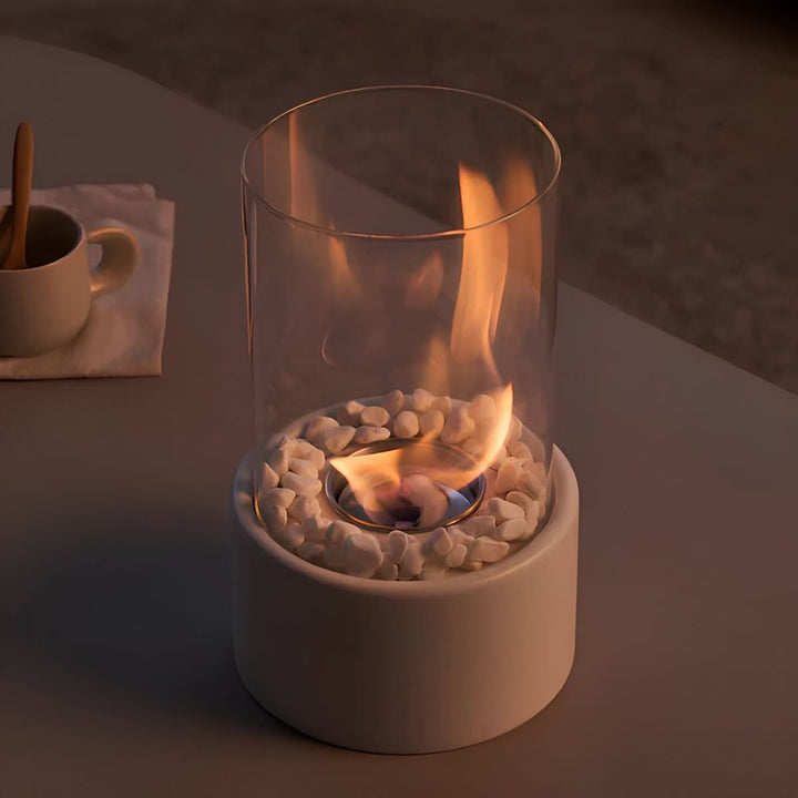 Clean-burning tabletop bioethanol fireplace, smokeless flame for safe indoor & outdoor use.