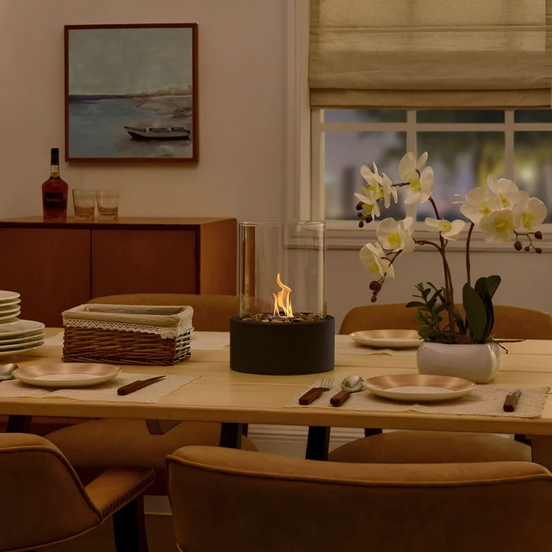 Elegant bioethanol tabletop fireplace, enhancing home ambiance with a portable, clean flame.