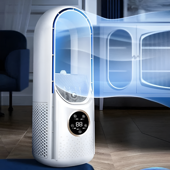 Portable bladeless air cooler fan for personal comfort, ideal for desk or travel, quiet operation.