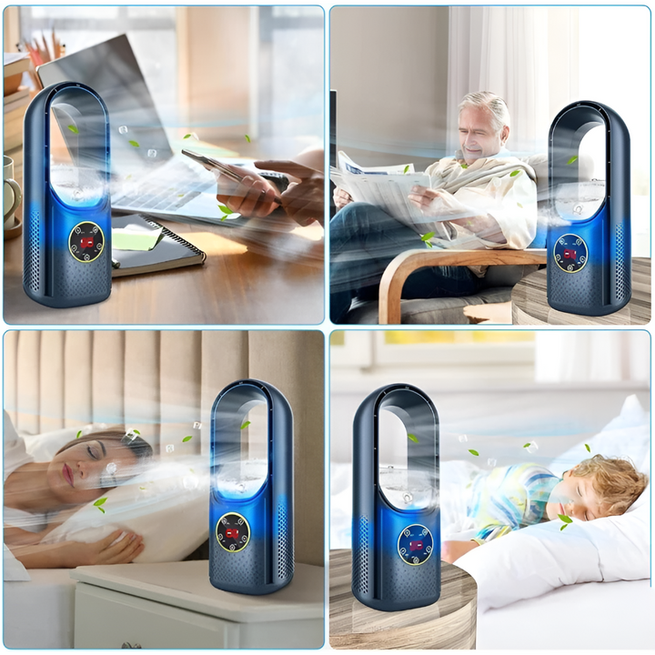 Compact blue bladeless air cooler, perfect personal cooling device for bedside, office, or travel.