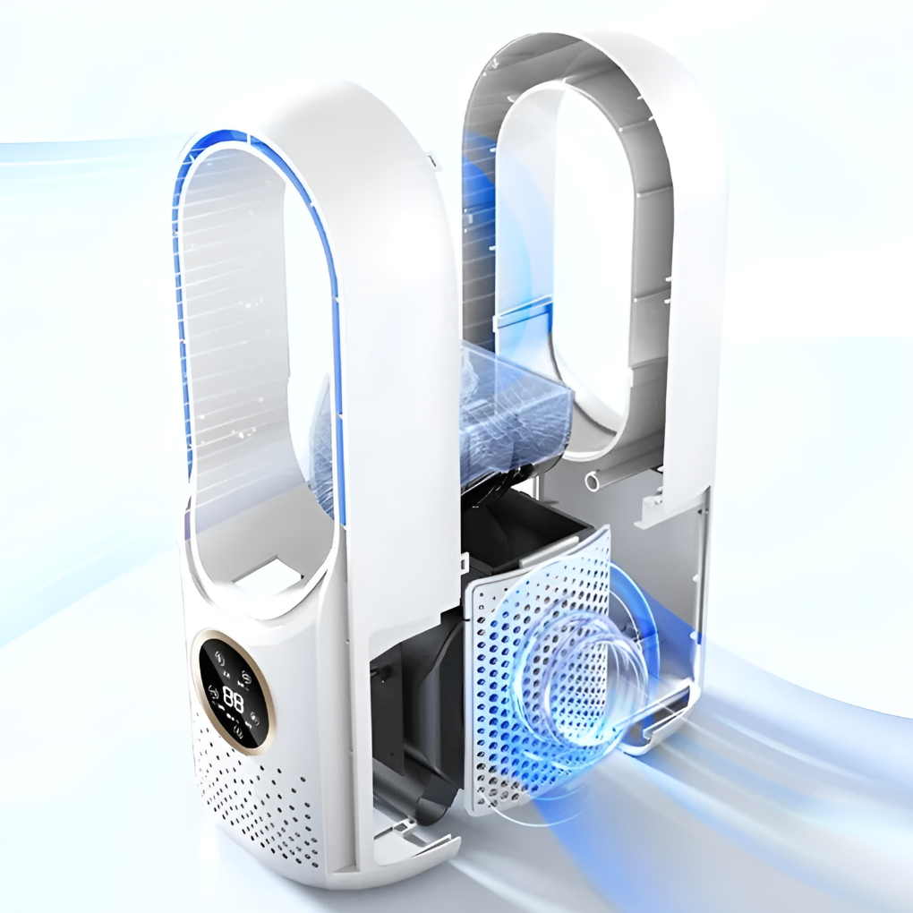 Quiet portable bladeless fan, offers comfortable personal cooling for any room, modern design.