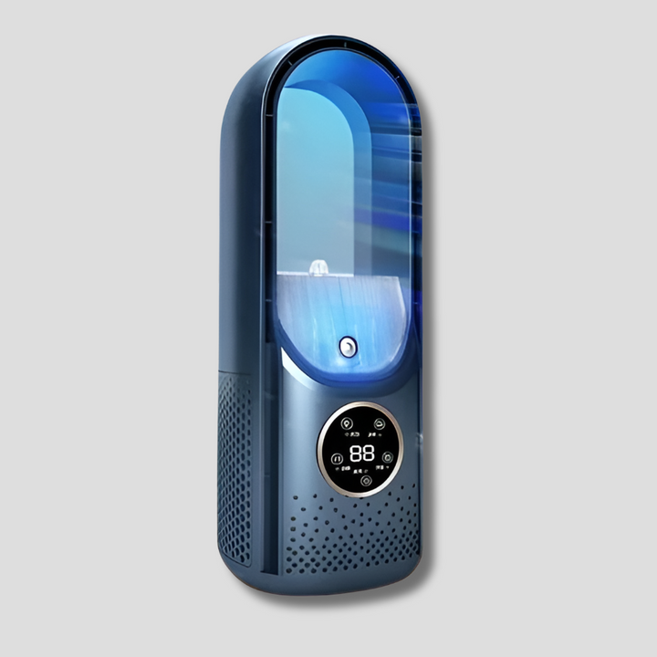 Sleek bladeless portable air cooler, personal cooling device for home, office, or car, modern aesthetic.