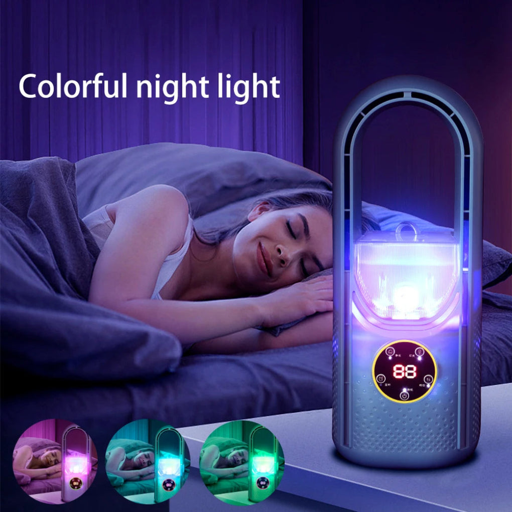 Portable Bladeless Fan with LED display for desk or personal cooling. Compact USB quiet fan for home office.