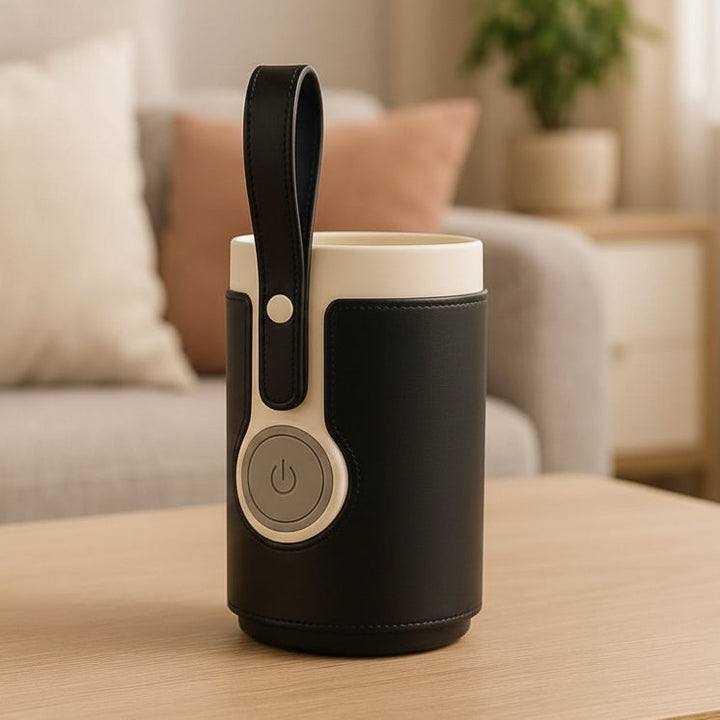 Portable bottle warmer for baby travel. Ensures warm milk on the go for infants.