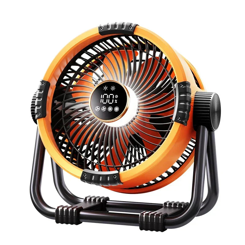 Portable camping fan with 20000mAh battery, LED light, remote control, and power bank for outdoor use.