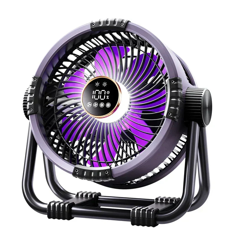Rechargeable outdoor camping fan with powerful LED light, 20000mAh power bank, and convenient remote control.
