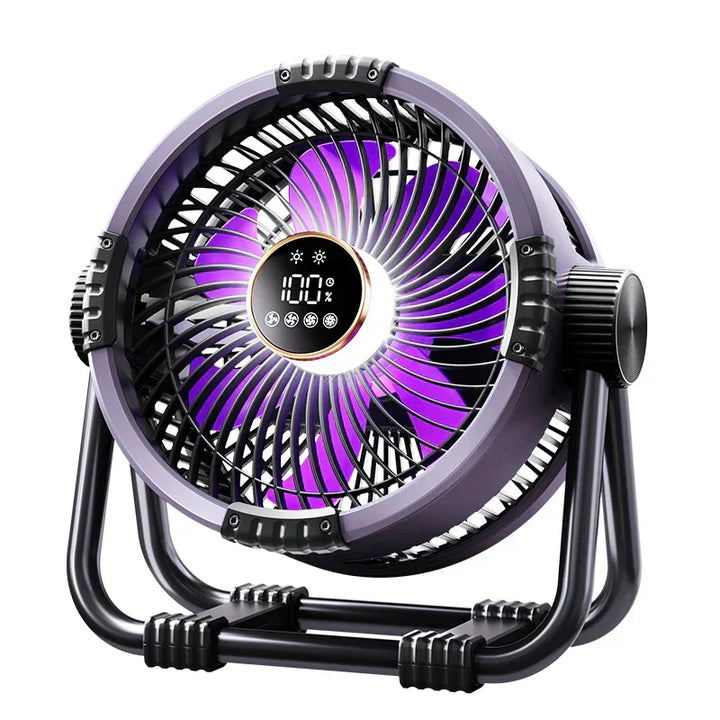 Rechargeable outdoor camping fan with powerful LED light, 20000mAh power bank, and convenient remote control.