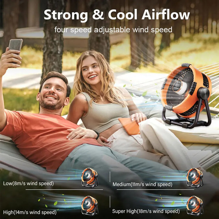 Essential camping gear: portable fan with LED light, 20000mAh power bank & remote for tents & emergencies.