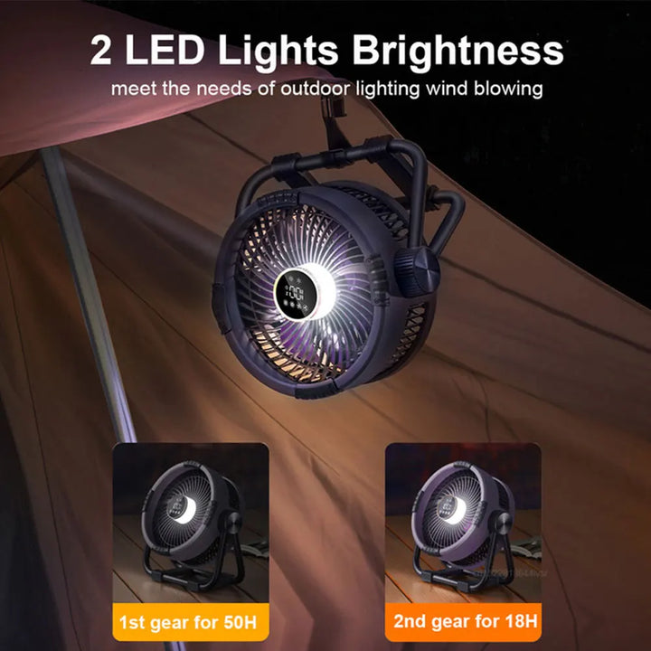 WindMate portable camping fan with 20000mAh battery, bright LED light, power bank, & remote for cooling.
