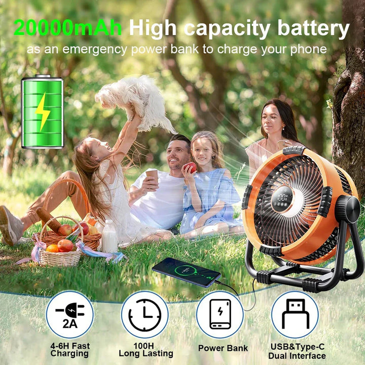 Versatile outdoor portable fan with LED light, 20000mAh power bank, remote control for camping & heatwaves.
