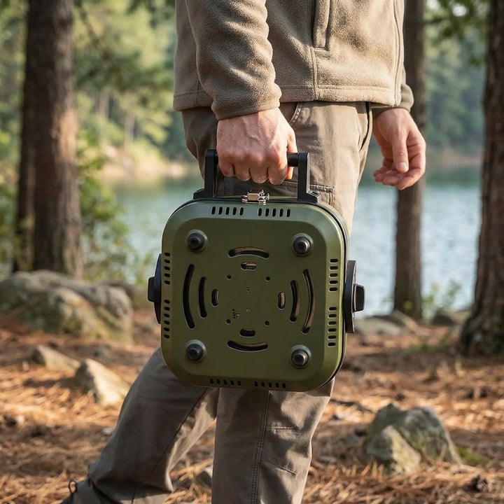 Portable camping gas stove with integrated non-stick griddle for outdoor cooking. Compact & easy to transport.