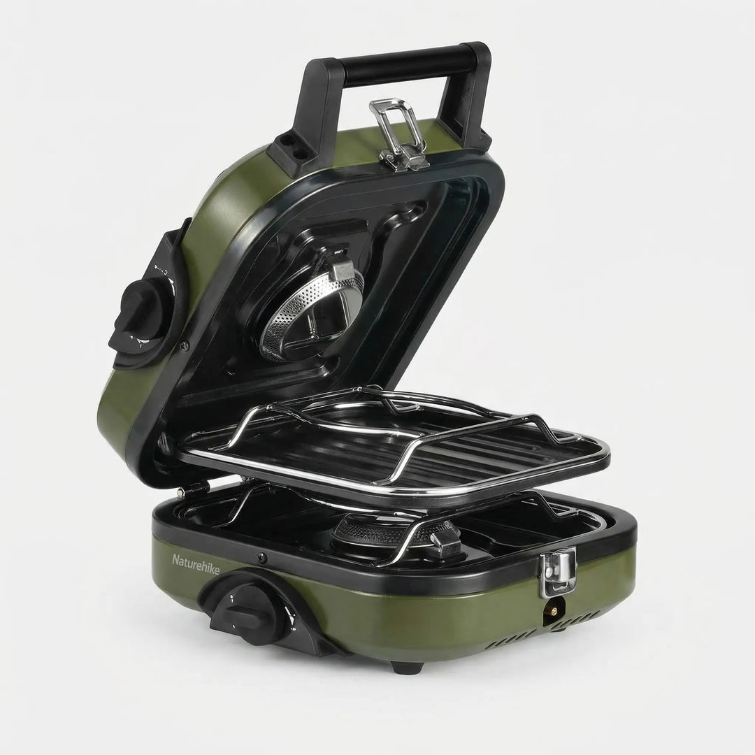 Outdoor portable gas burner stove with built-in non-stick griddle, ideal for camp kitchen grilling & picnics.