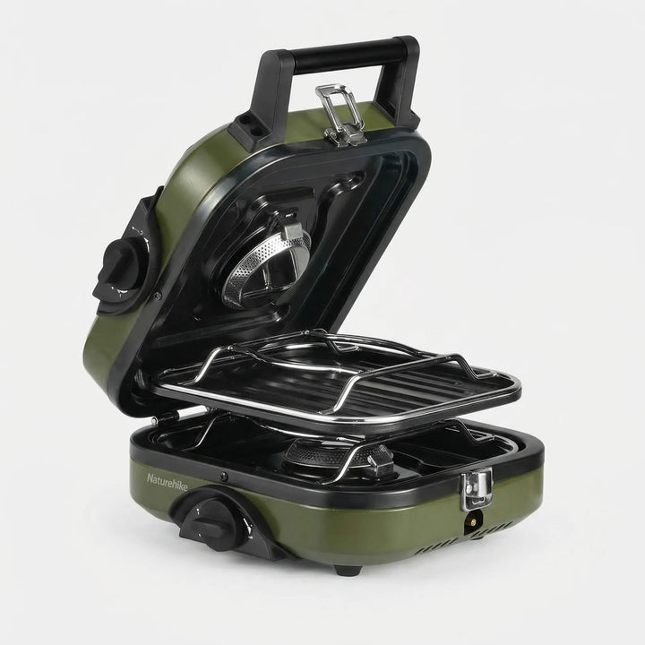 Outdoor portable gas burner stove with built-in non-stick griddle, ideal for camp kitchen grilling & picnics.
