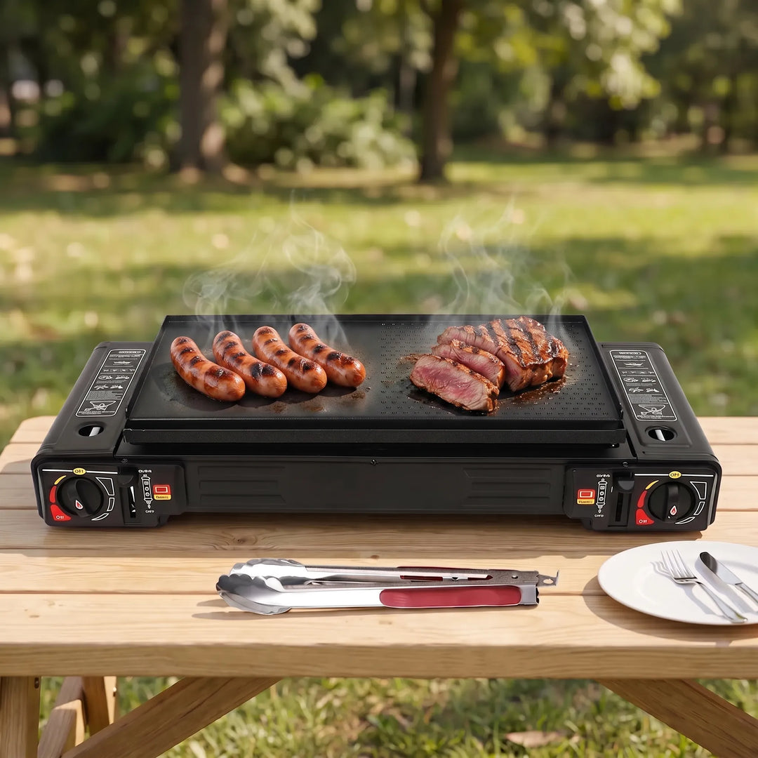 Portable camping two-burner stove for efficient outdoor cooking. Ideal for camp kitchens & travel.