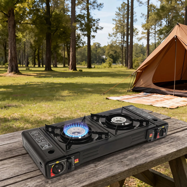 Durable two-burner portable camping stove, essential for outdoor cooking and reliable camp kitchen use.