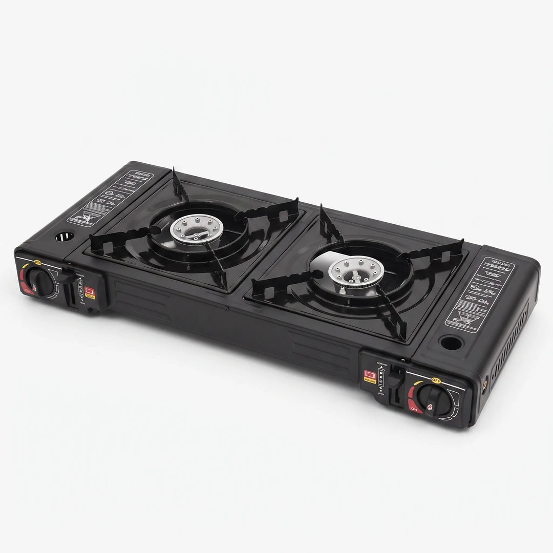 Adventure-ready two-burner camping stove, ideal for outdoor cooking, tailgating & camp kitchen convenience.