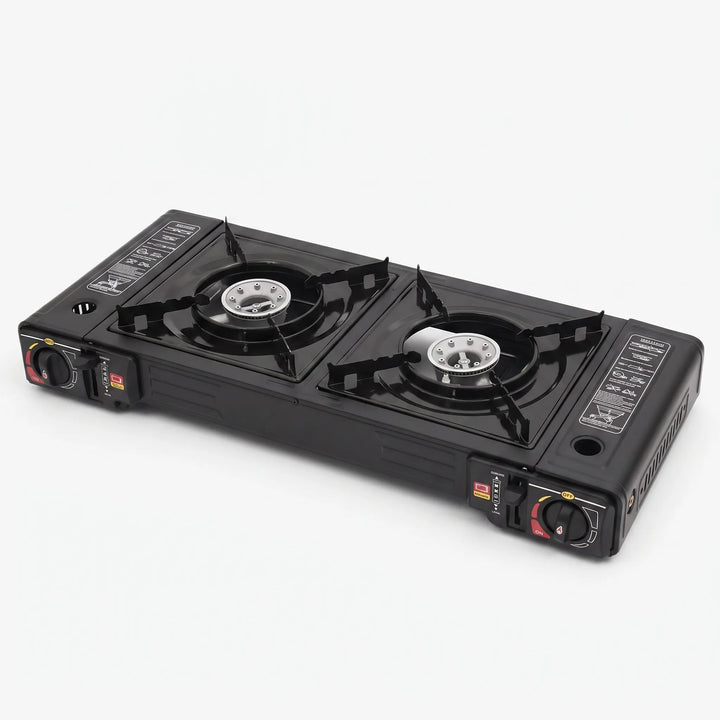 Adventure-ready two-burner camping stove, ideal for outdoor cooking, tailgating & camp kitchen convenience.