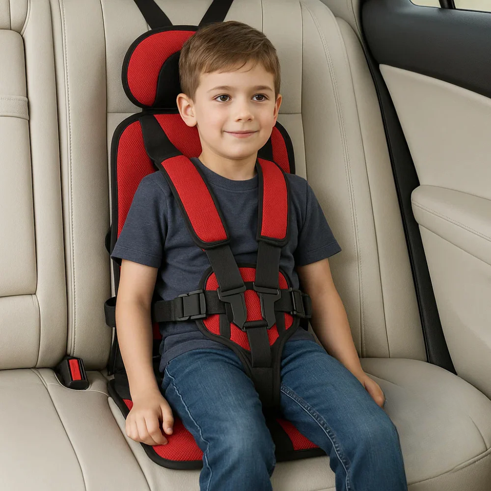 Compact portable car seat harness for kids, essential child safety restraint for travel.