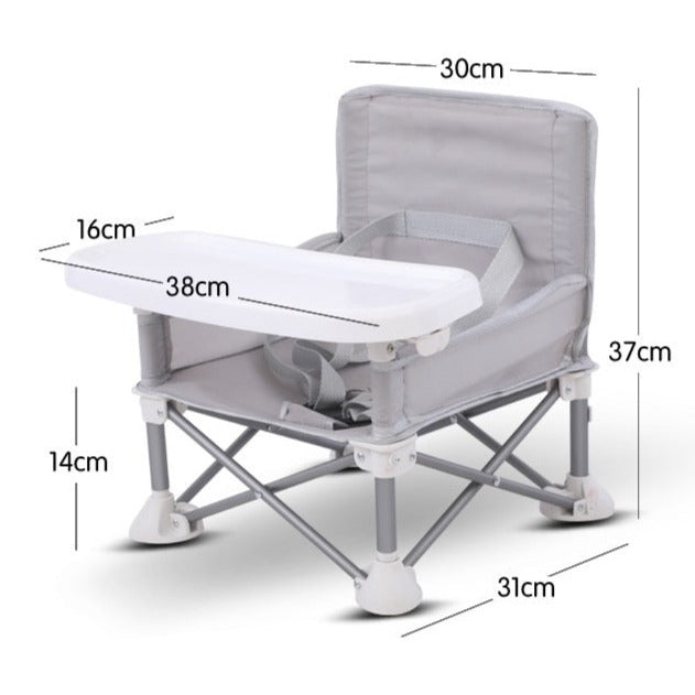 Compact children's outdoor chair, designed for dining with an integrated tray.