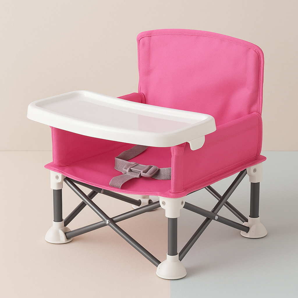 Kids' outdoor dining solution: portable chair with handy tray for travel.