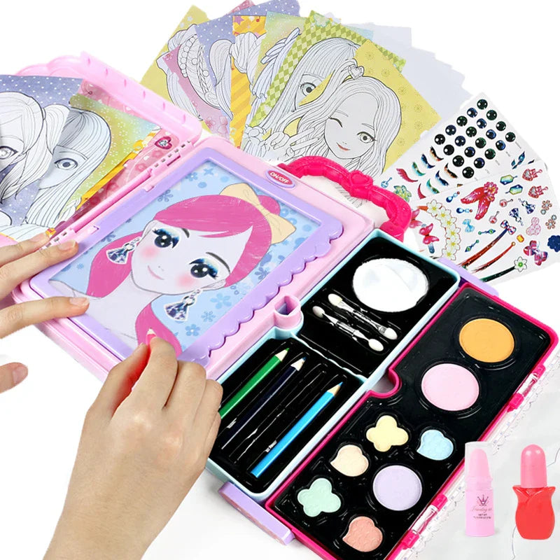 Portable children's creative makeup and drawing play set for role-playing fun, includes safe cosmetics.