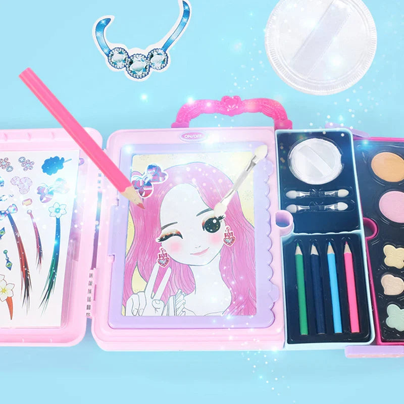 Gift-ready children's play set including safe makeup and drawing tools, ideal for creative fun.