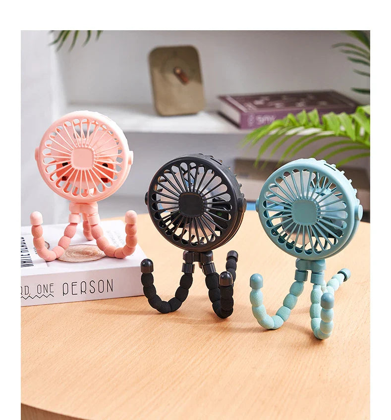 Portable clip-on USB rechargeable stroller fan for baby, ideal for summer outdoor use.