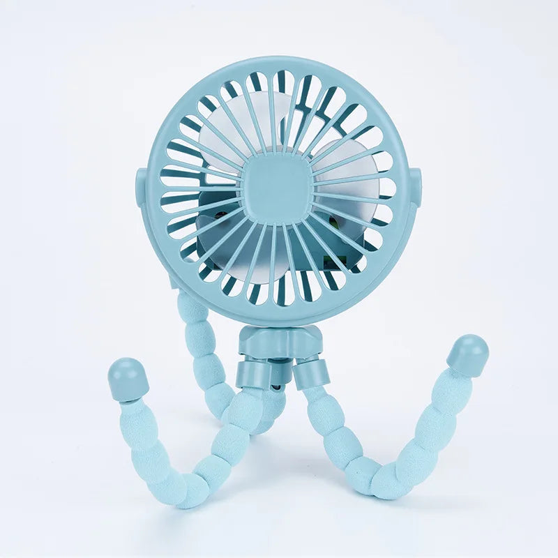 Packaging of a portable clip-on USB rechargeable fan for baby and outdoor use.