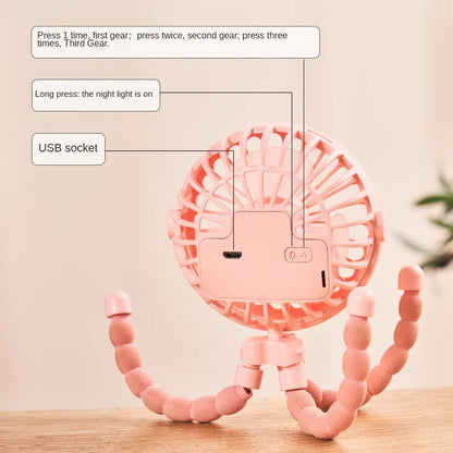 USB rechargeable portable fan with strong clip, perfect for outdoor travel and strollers.