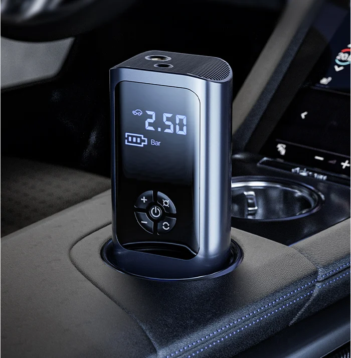 Cordless portable air pump with digital display. 150 PSI for emergency tire inflation & sports equipment.