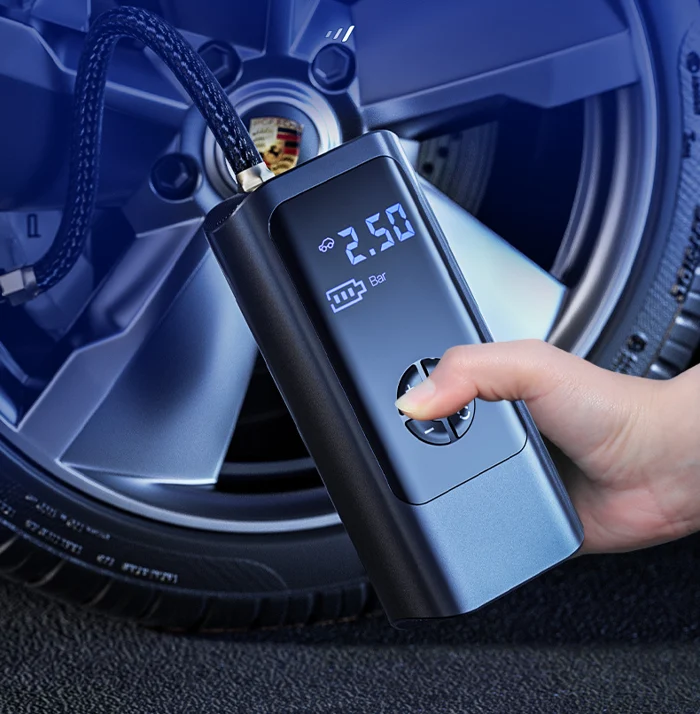 Compact unisex digital air compressor. Easy-to-use portable inflator for car tires, bikes, and sports equipment.