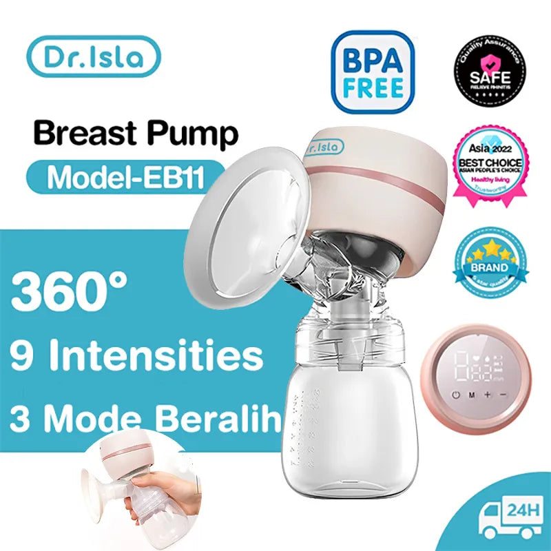 Mom holding a portable electric breast pump, demonstrating its compact design