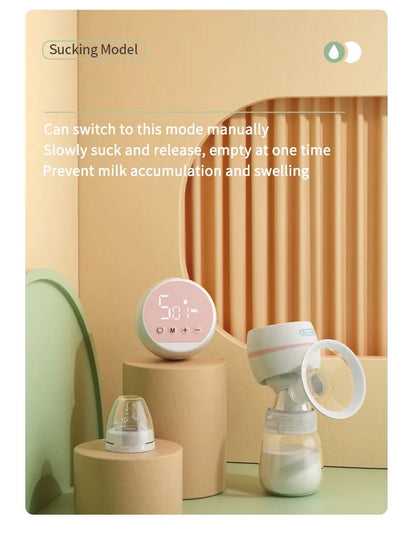Mom using portable electric breast pump hands-free while caring for baby