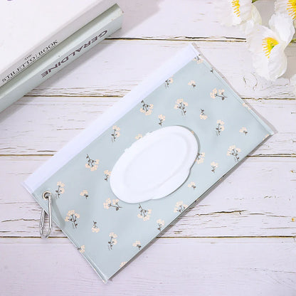 Accessible portable wet wipes organizer with snap, a key travel accessory