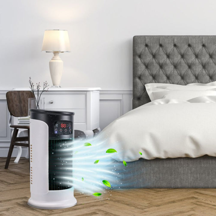 Sleek tower evaporative cooler & windowless air conditioner, a space-saving indoor personal cooler.