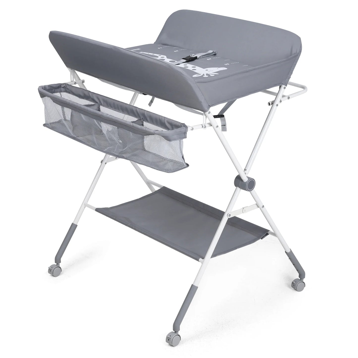 Portable foldable baby changing table with wheels, side organizer, and storage shelf, ideal for small nurseries.