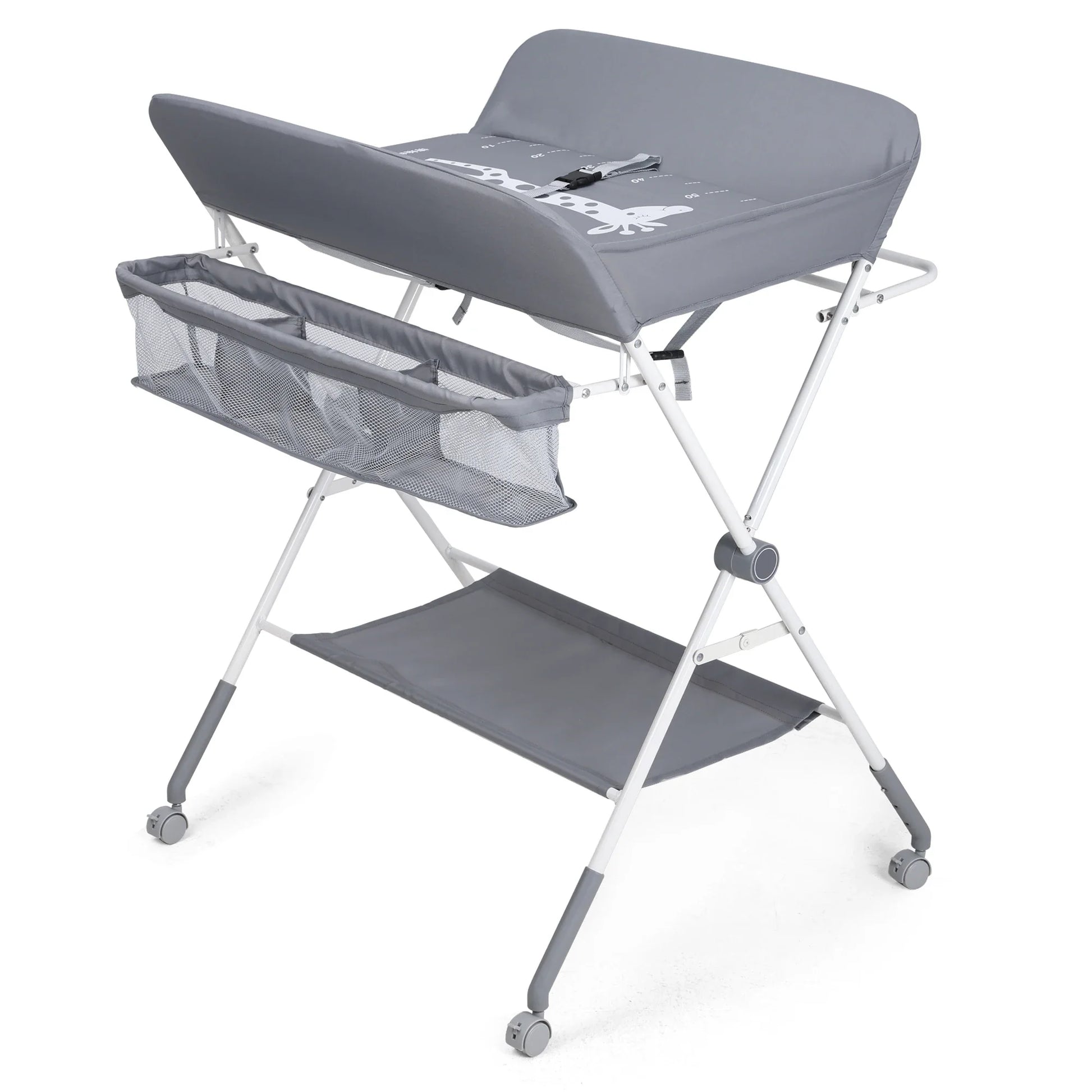 Portable foldable baby changing table with wheels, side organizer, and storage shelf, ideal for small nurseries.