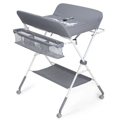 Portable foldable baby changing table with wheels, side organizer, and storage shelf, ideal for small nurseries.