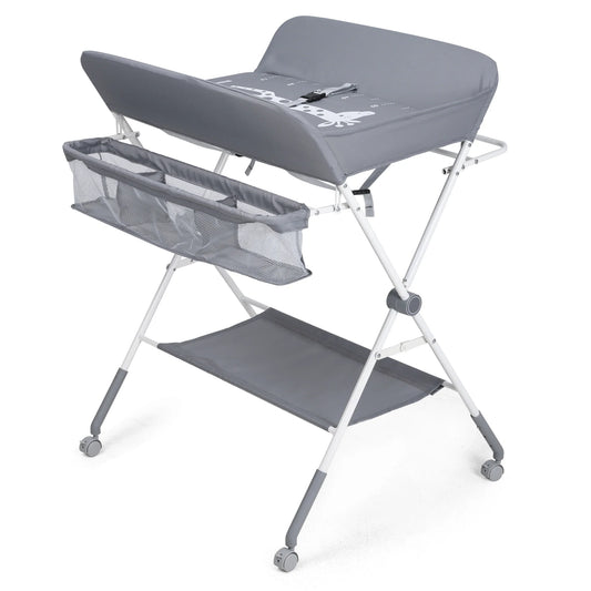 Portable foldable baby changing table with wheels, side organizer, and storage shelf, ideal for small nurseries.