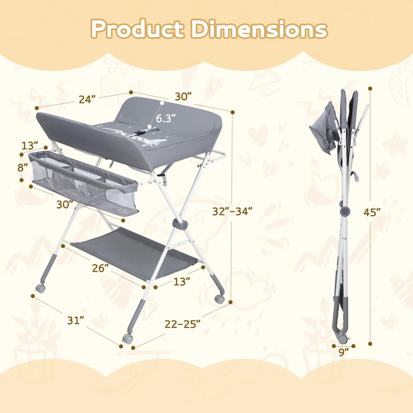 Compact nursery furniture: collapsible baby changing table with compartments and smooth-rolling wheels.